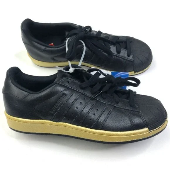 adidas Originals | Shoes | Adidas Superstar J Black Gold Leather Sneakers  New Boys Big Kids Shoes Size 55 | Poshmark